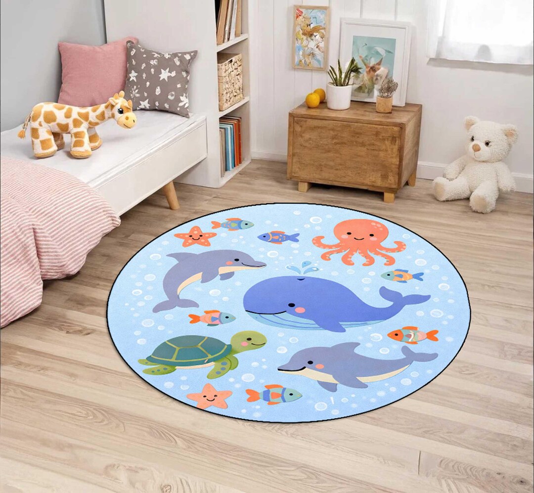 Sea Rug Animal Cute Ocean Animals Kids Rug, Whale Dolphin Turtle Nursery Rug ...