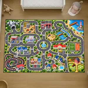 May include: A rectangular play rug featuring a detailed city map illustration with winding roads, a central fountain, a hospital, a police station, a fire station, a construction site, a school, a soccer field, a farm, and a lighthouse.