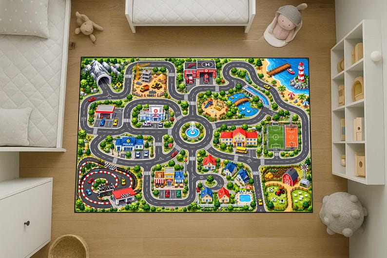 May include: A rectangular play rug featuring a detailed city map illustration with winding roads, a central fountain, a hospital, a police station, a fire station, a construction site, a school, a soccer field, a farm, and a lighthouse.