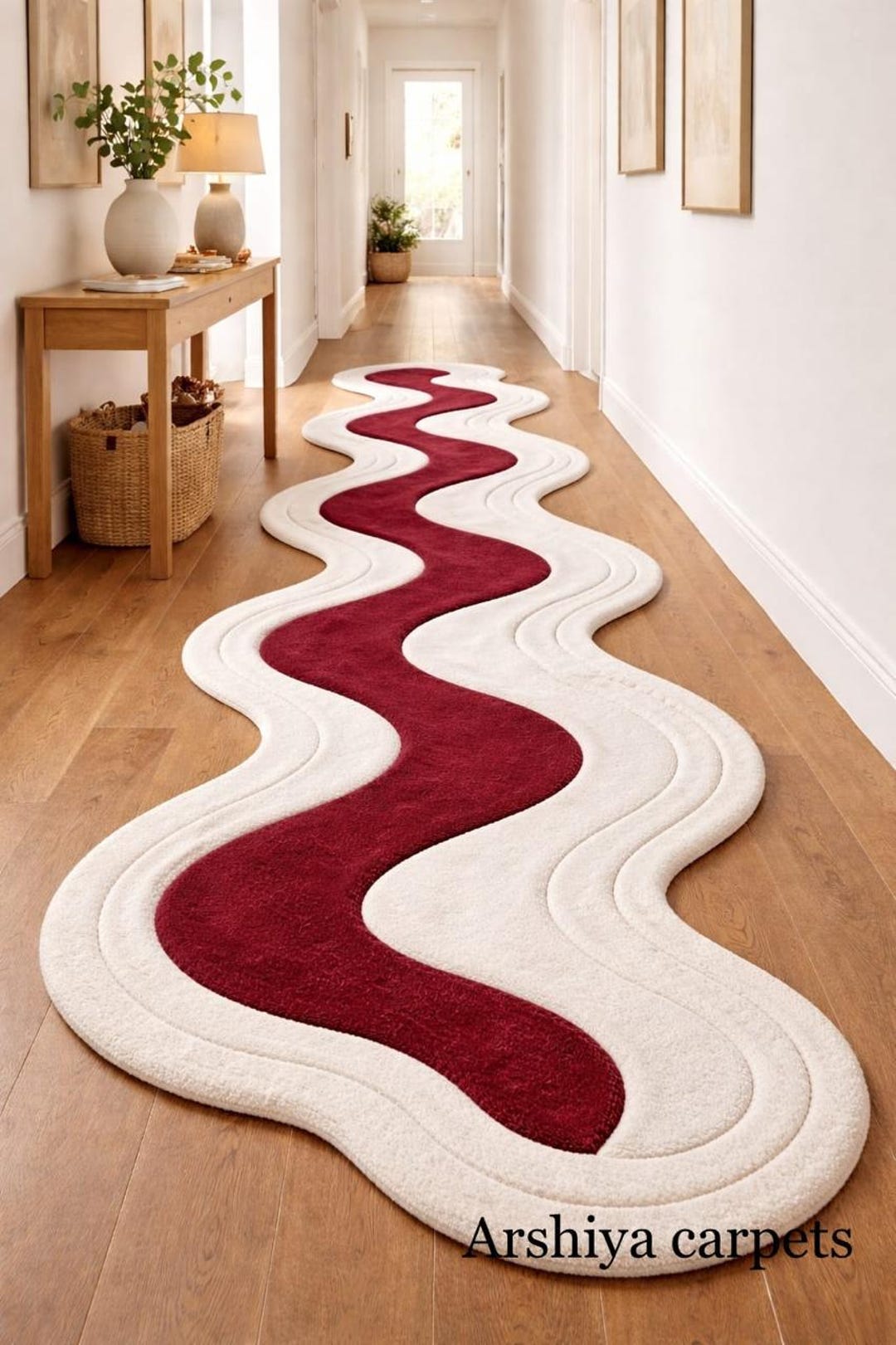 Unique Shape Runner Rug Luxury Burgundy Wave Runner Rug, Abstract Wavy Hallway Carpet, Modern ...