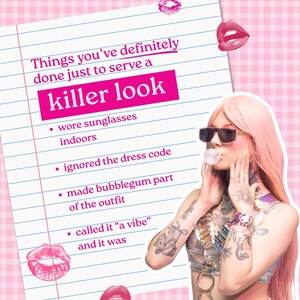 Può includere: Una grafica rosa e bianca con il testo "hot mess manifesto" e "Things you've definitely done just to serve a killer look." L'immagine include una persona con occhiali da sole che soffia una bolla, con labbra rosa sparse.