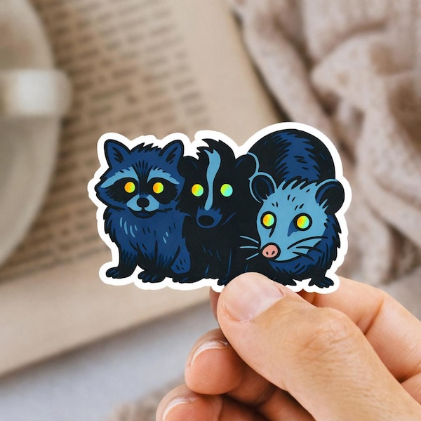Dark Forest Animals Sticker, Raccoon Skunk Opossum Vinyl Art (Water-Resistant)