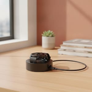 Peut inclure: Une montre connectée noire posée sur une station de charge circulaire noire. La montre présente un écran numérique rond avec des icônes et du texte visibles. Un câble de charge noir part du côté de la station pour se brancher.