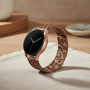 May include: A rose gold smartwatch with a black screen and a patterned band. The band features a brown and black animal print design. The watch is displayed on a neutral-colored surface.