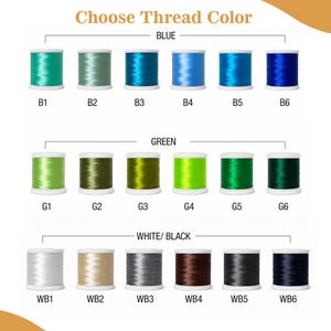 May include: A color chart titled Choose Thread Color displaying eighteen spools of thread arranged in three rows labeled Blue, Green, and White/Black. Each spool is identified by a code from B1 to B6, G1 to G6, and WB1 to WB6, showing various shades.
