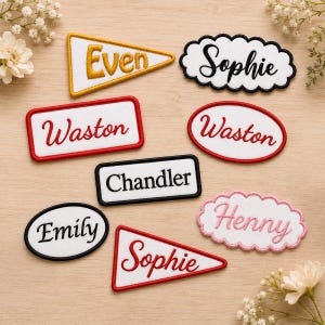 Op de afbeelding: Een verzameling geborduurde stoffen patches in verschillende vormen, waaronder driehoeken, rechthoeken, ovalen en geschulpte randen. De patches hebben witte achtergronden met geborduurde namen zoals Even, Sophie, Waston, Chandler en Emily in kleuren.
