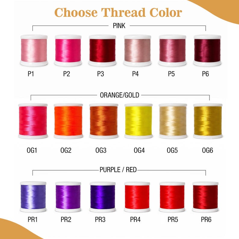 May include: A color chart displaying eighteen spools of thread arranged in three rows labeled Pink, Orange/Gold, and Purple/Red. Each spool is identified by a code from P1 to P6, OG1 to OG6, and PR1 to PR6, showcasing various shades of thread.
