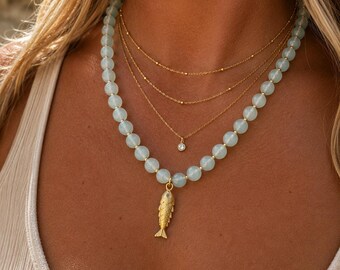 Opalite Quartz Gold Fish Charm Necklace