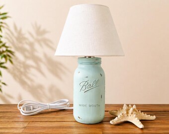 Mason Jar Table Lamp Seafoam Distressed Bedside Lighting