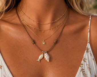 Shell Pendant Paracord Necklace with Fish Charm Adjustable