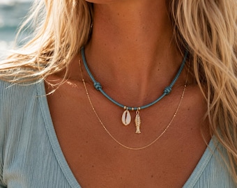 Cowrie Shell and Fish Paracord Adjustable Necklace