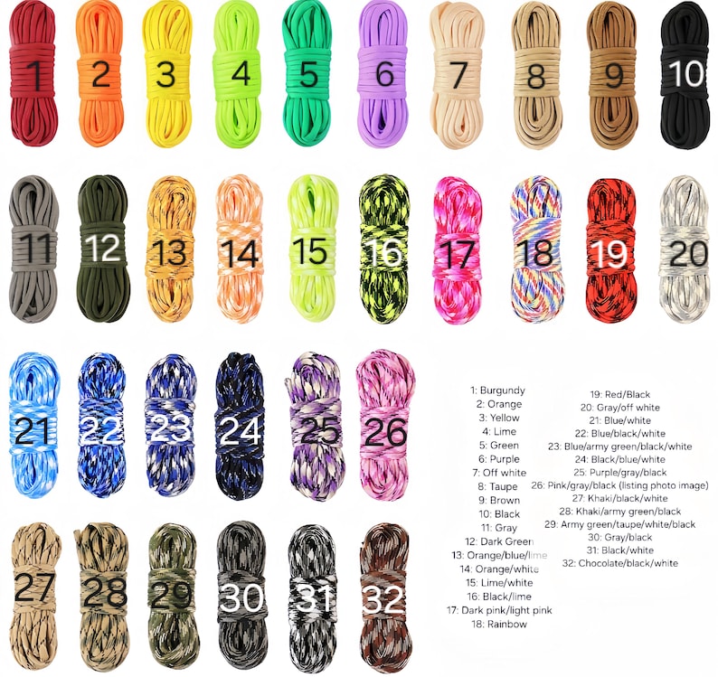 May include: A collection of thirty-two coiled paracord bundles arranged in rows, each labeled with a number from 1 to 32. The cords feature various solid colors and multi-colored patterns, including red, orange, yellow, lime, green, purple, black, gray, and camouflage.