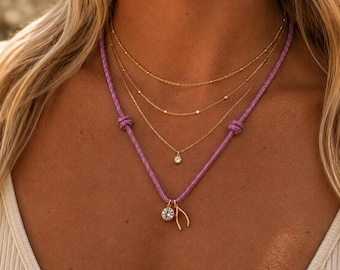 Paracord Lucky Wishbone Necklace with Cubic Zirconia 18k Gold PVD