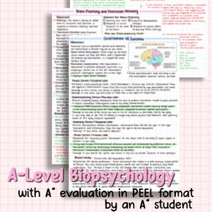 May include: A-Level Biopsychology study notes on a pink grid background. The notes are in a handwritten style, with the title in pink and the text "with A* evaluation in PEEL format by an A* student".