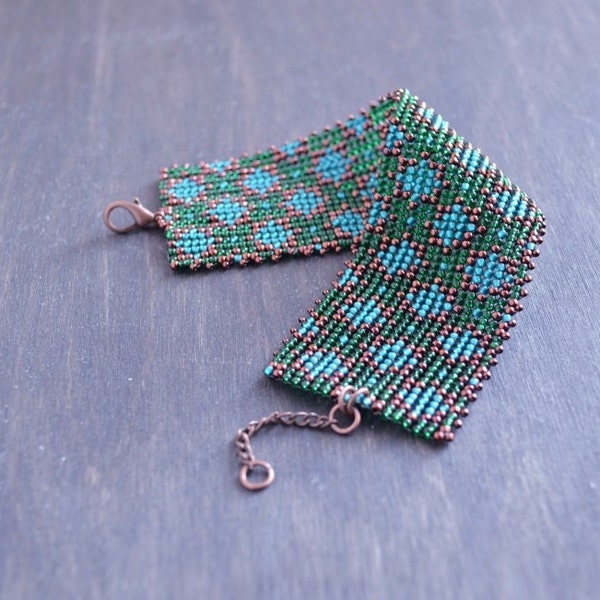 Emerald Bracelet, Moroccan Design, Oriental Silk Road, Emerald Green Blue Copper Bronze, Cuff Bracelet, Textile Geometric Print, Boho Ethnic