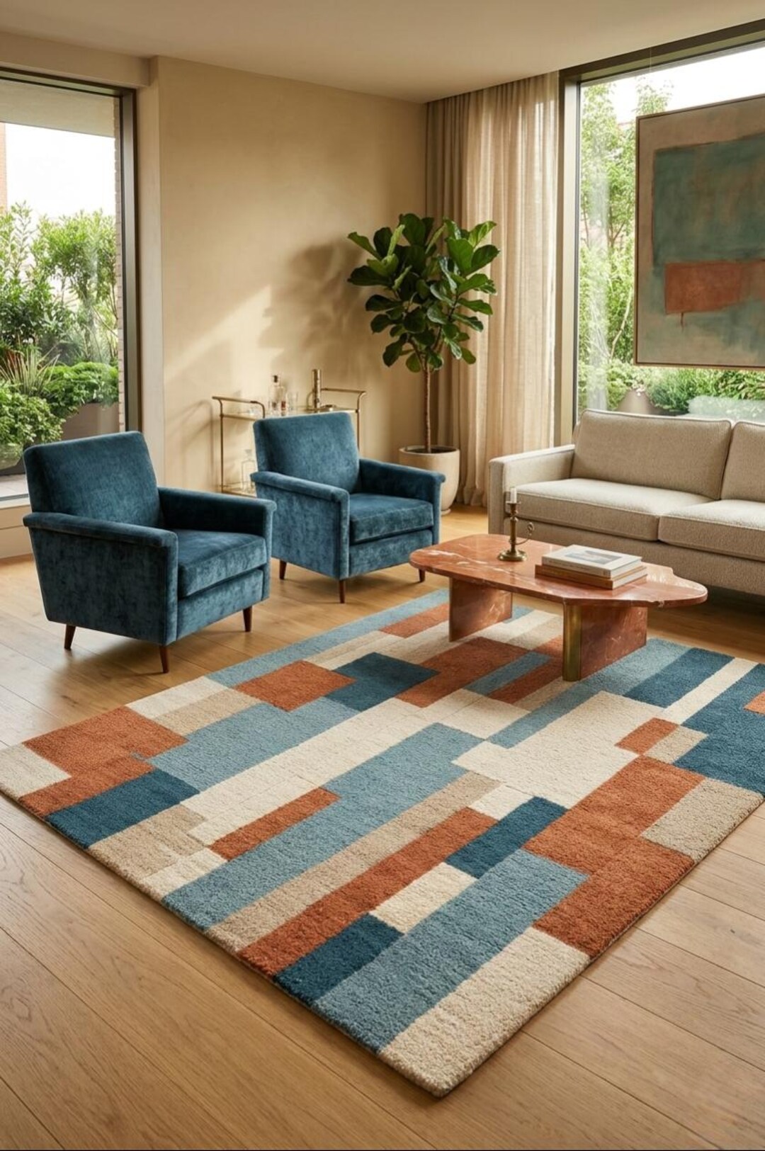 Jigsaw Abstract Block Pattern Rug Abstract Geometric Area Rug, Modern Block Pattern Carpet, Mid Century ...