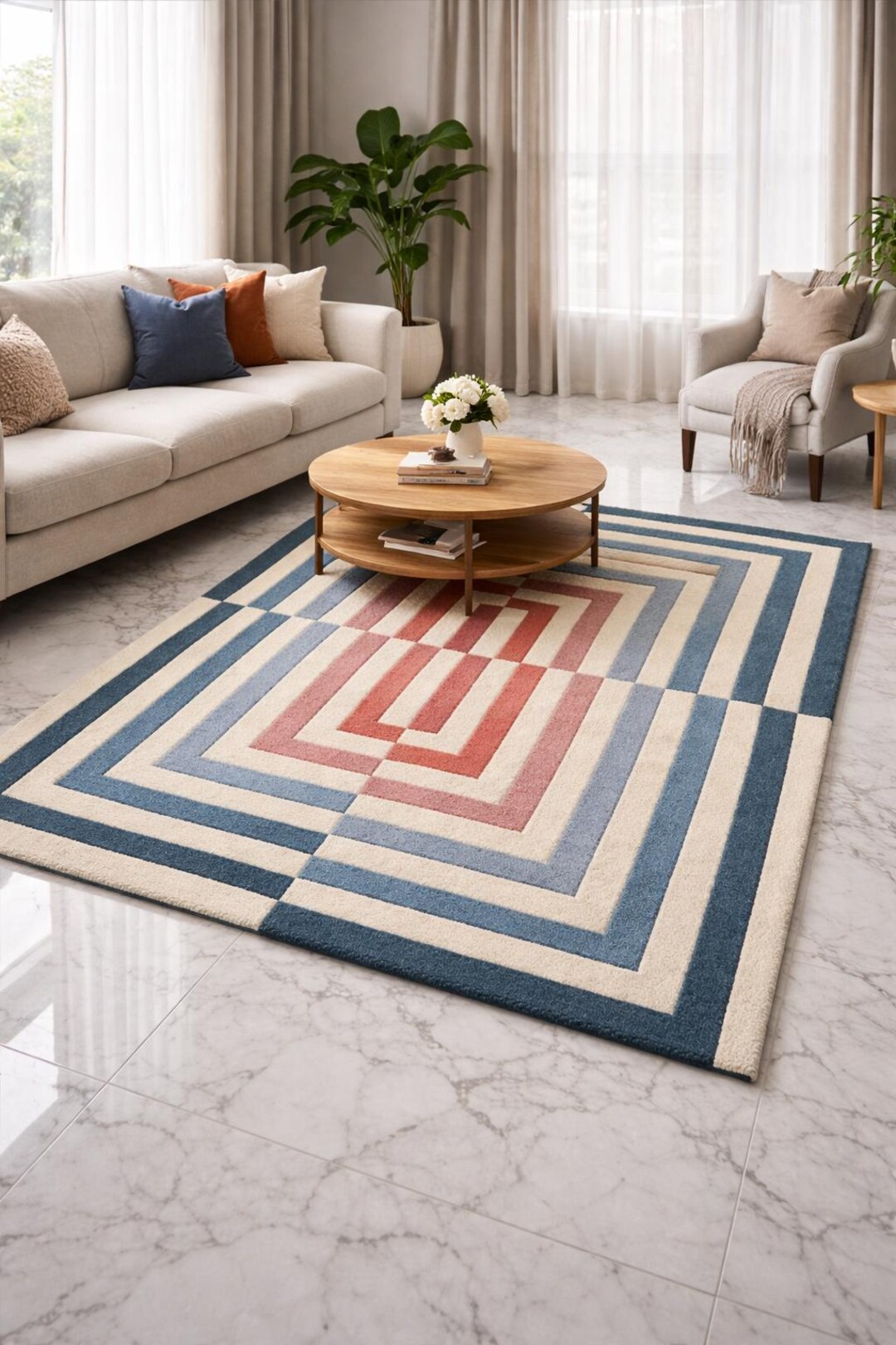 Geometric Square Pattern Area Rug Geometric Square Pattern Area Rug, Blue Coral Modern Carpet, Abstract ...