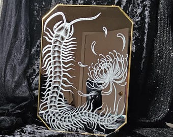 Tokyo Ghoul Inspired Engraved Hanging Mirror | Hand-Engraved Centipede & Spider Lily Gothic Wall Decor