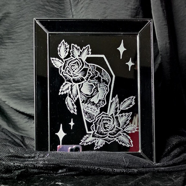 Hand Engraved Skull Coffin Mirror | Gothic Rose Tattoo Wall Art