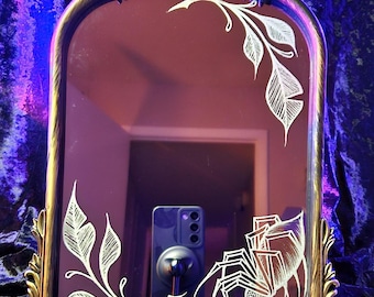 Hand Engraved Spider Mirror | Gothic Arched Gold Hanging Mirror | Botanical Tattoo Style | Tattooed Mirror