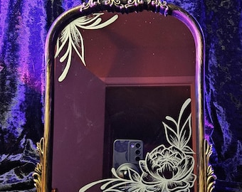 Vintage Style Arched Gold Hanging Mirror | Hand Engraved Floral Mirror | Ornamental Frame | Gothic Decor