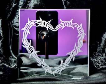 Barbed Wire Heart Mirror | Hand Engraved Tattoo Style Mirror | Small Vanity or Shelf Decor