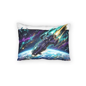 May include: A rectangular pillow featuring a vibrant space scene. A dark purple spaceship with the word "ODYSSEY" is depicted soaring above a blue and green planet. The background showcases a colorful nebula and other spacecraft.