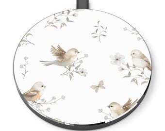 Vintage Watercolor Birds wireless charger | floral seedling pattern