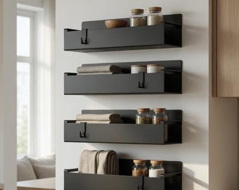 Magnetic Spice Rack Set – Refrigerator Organizer Shelves, Black Metal Kitchen Storage