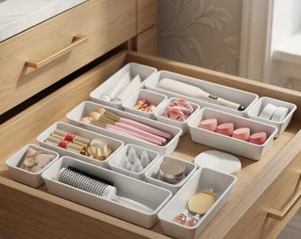 13 Piece White Modular Drawer Organizer Set, Plastic Vanity Storage Trays