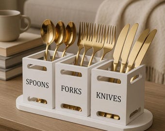 White Wooden Cutlery Caddy, Farmhouse Kitchen Organizer, Flatware Holder, Rustic Storage Set