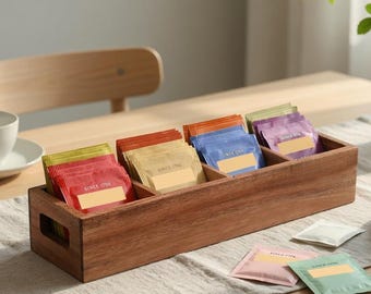 Solid Acacia Wood Tea Box Organizer, 4 Compartment Kitchen Counter Tray