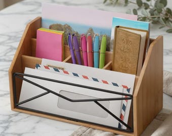 Bamboo Desk Mail Organizer, Tiered Letter Tray, Pen Holder, Office Stationery Caddy