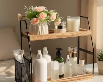 2-Tier Wood Countertop Organizer, Skincare Bathroom Storage Tray, Modern Farmhouse Vanity Decor