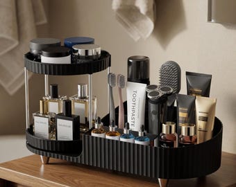 Rotating Perfume Organizer, Skincare Display, Bathroom Vanity Caddy, Black Fluted Design