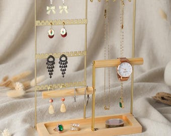 Gold Metal Wood Jewelry Organizer Stand, Necklace Earring Bracelet Watch Holder