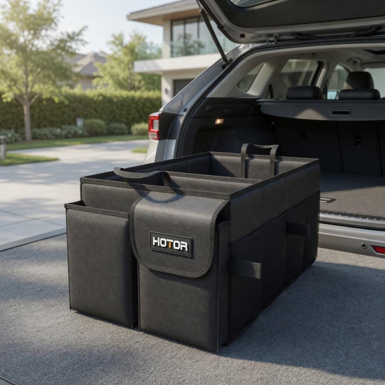 May include: Black car trunk organizer with multiple compartments and pockets. The organizer has a rectangular shape with a handle and the word "HOTOR" on the front. It is placed inside the open trunk of a gray car.