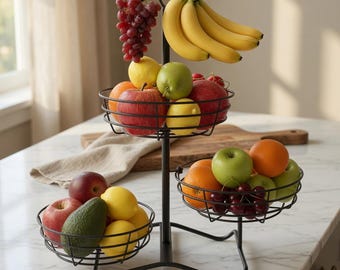 3 Tier Wire Fruit Bowl, Kitchen Counter Produce Stand, Banana Hanger, Black Metal Organizer