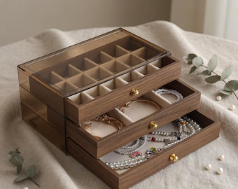 3-Tier Wood Grain Jewelry Organizer Box, Clear Lid, Velvet Lined Case