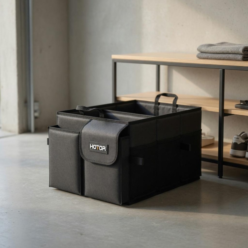 May include: A black car organizer with multiple compartments and a handle. The organizer has the word "HOTOR" on the front. It is designed to keep items organized in a vehicle. The organizer is made of a durable material.