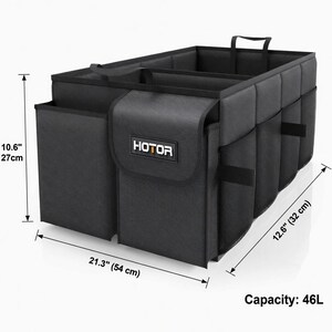 May include: Black car trunk organizer with multiple compartments and pockets. Features the brand name "HOTOR" on the front. Dimensions are 21.3" (54 cm) long, 12.6" (32 cm) wide, and 10.6" (27 cm) high. Capacity is 46L.