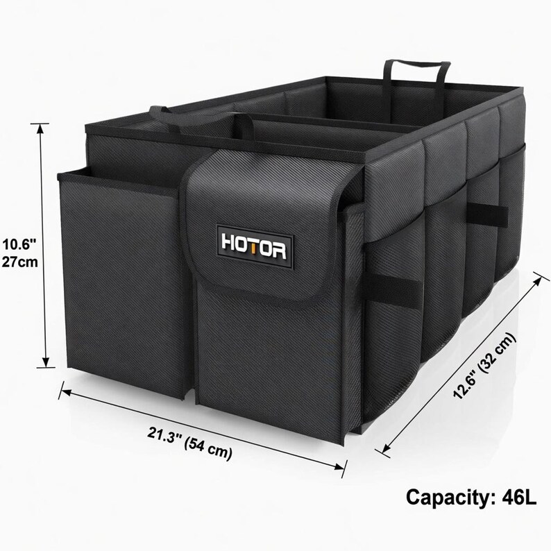 May include: Black car trunk organizer with multiple compartments and pockets. Features the brand name "HOTOR" on the front. Dimensions are 21.3" (54 cm) long, 12.6" (32 cm) wide, and 10.6" (27 cm) high. Capacity is 46L.