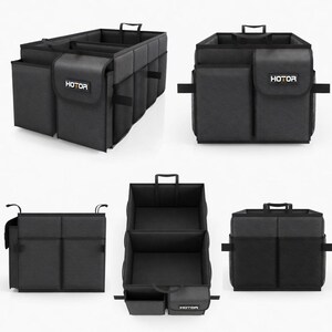 May include: Black car trunk organizer with multiple compartments and handles. The organizer has the word "HOTOR" printed on the front. It is designed to keep the car trunk tidy and organized.