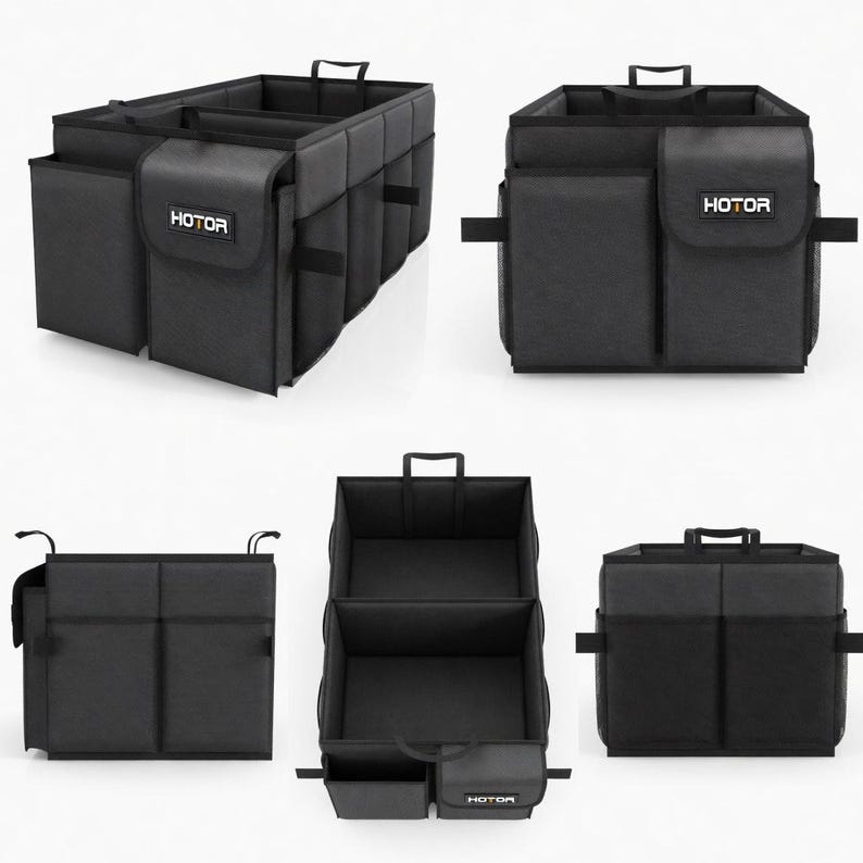 May include: Black car trunk organizer with multiple compartments and handles. The organizer has the word "HOTOR" printed on the front. It is designed to keep the car trunk tidy and organized.