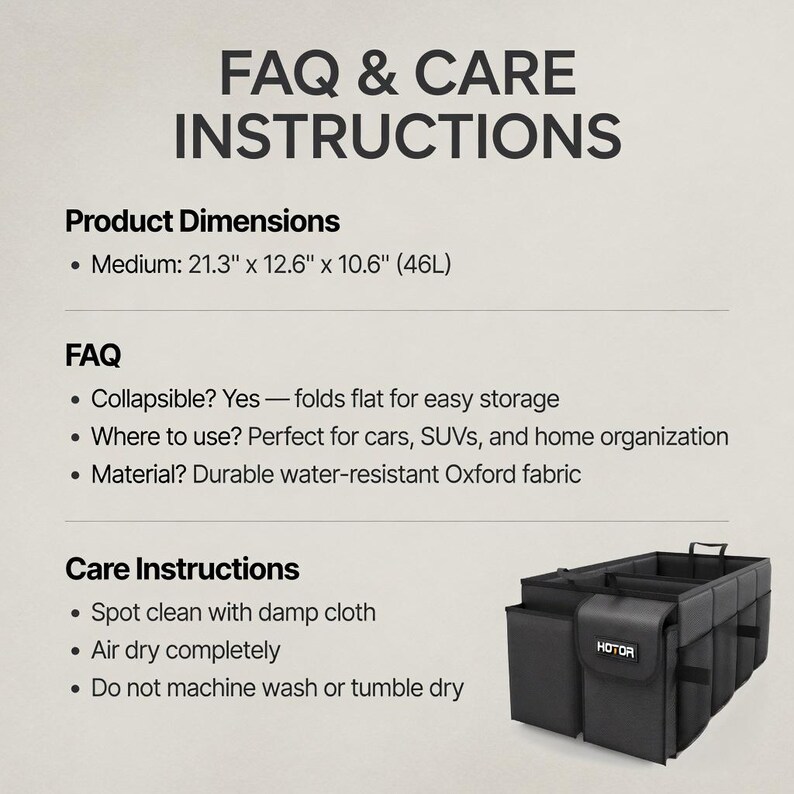 May include: Black car organizer with multiple compartments. The product dimensions are 21.3" x 12.6" x 10.6". The organizer is made of durable, water-resistant Oxford fabric. The image also includes care instructions and FAQ.