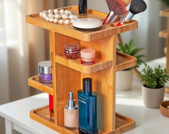 Bamboo Rotating Makeup Organizer, 360 Spin Cosmetic Storage, Wood Skincare, Vanity Carousel, 12 Inch