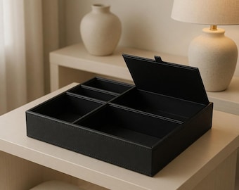 Carbon Fiber Style Valet Tray, Lidded Catchall Organizer, Modern Desk Accessory