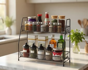 2-Tier Industrial Metal Spice Rack – Matte Black Kitchen Organizer, Countertop Storage Shelf