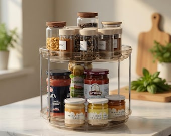 2-Tier Rotating Organizer, Clear Vanity Makeup, Kitchen Spice Rack Storage