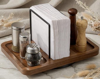 Rotating Wood Napkin Dispenser with Salt Pepper Holder, Modern Farmhouse Kitchen Caddy